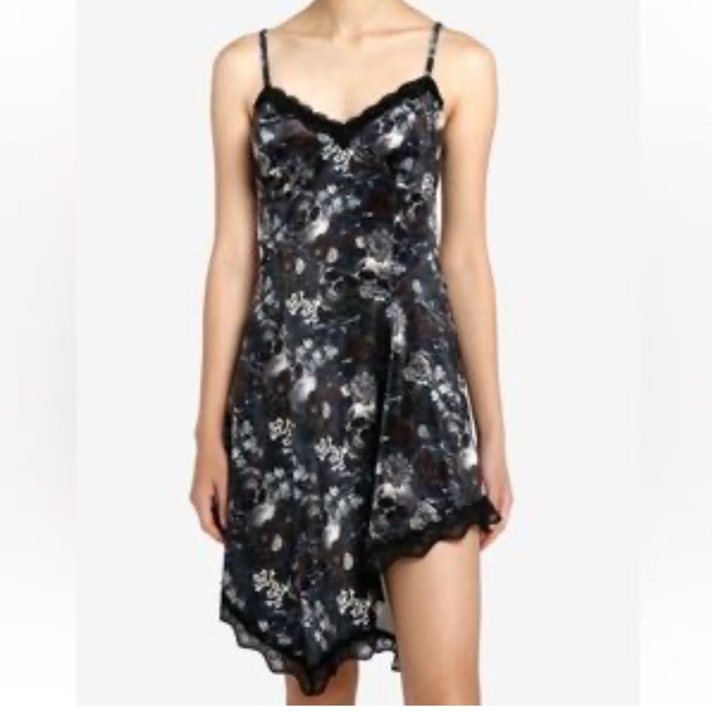 Thorn & Fable Skulls and Flowers Velvet Slip Dress, size L, asymmetrical​​
